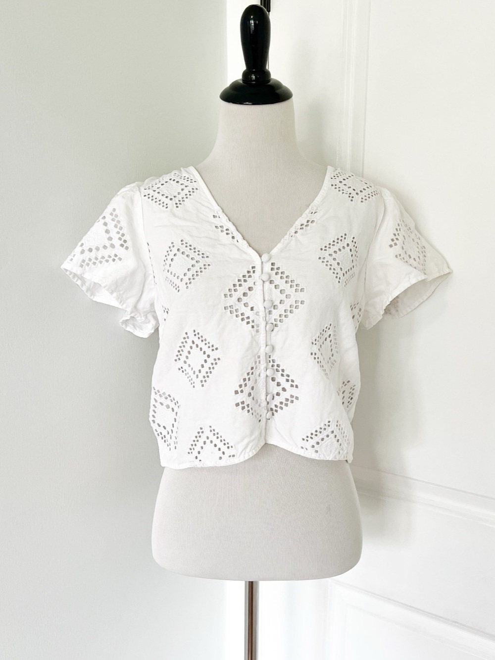 Madewell Linen Blend Eyelet Flutter Sleeve Crop Top White Small